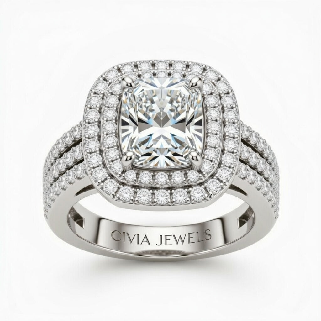 Silver Radiant Cut Double Halo Engagement Ring With Four Prong Setting And Diamond Pavé Split Band