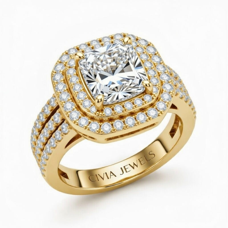 Yellow Gold Radiant Cut Double Halo Engagement Ring With Four Prong Setting And Diamond Pavé Split Band