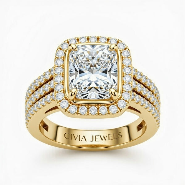 Yellow Gold Radiant Cut Double Halo Engagement Ring With Four Prong Setting And Diamond Pavé Split Band