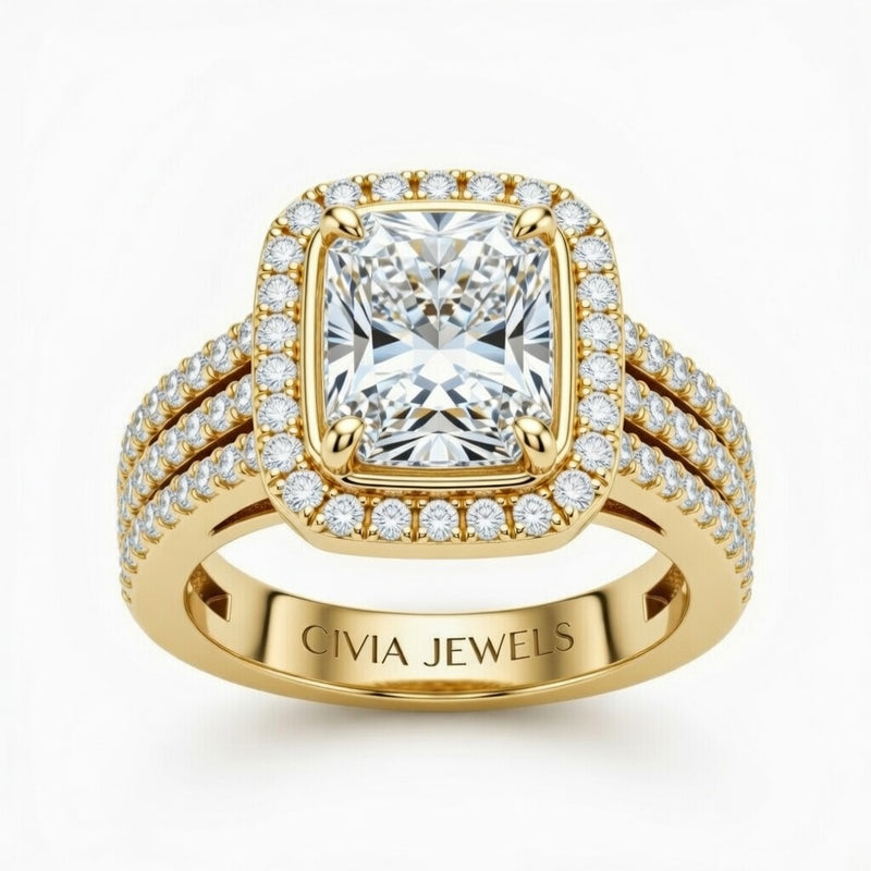 Yellow Gold Radiant Cut Double Halo Engagement Ring With Four Prong Setting And Diamond Pavé Split Band