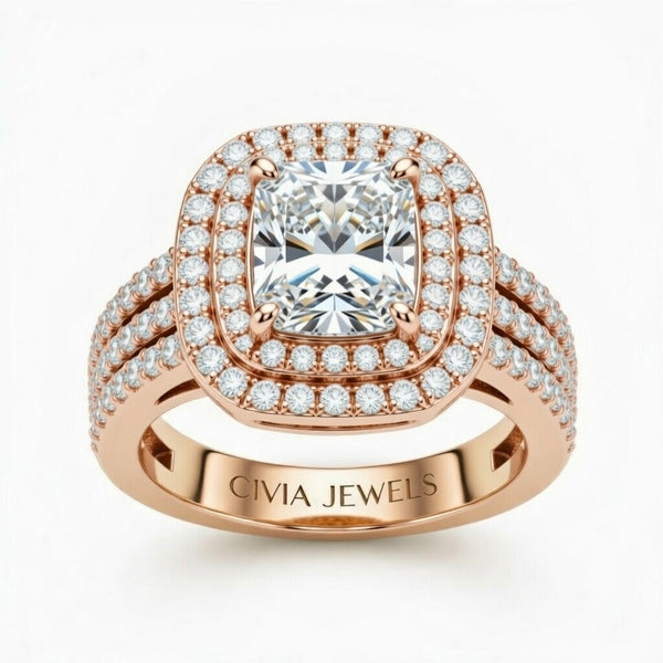 Rose Gold Radiant Cut Double Halo Engagement Ring With Four Prong Setting And Diamond Pavé Split Band