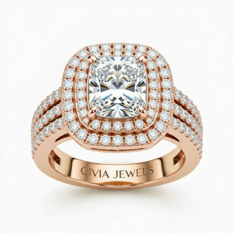 Rose Gold Radiant Cut Double Halo Engagement Ring With Four Prong Setting And Diamond Pavé Split Band