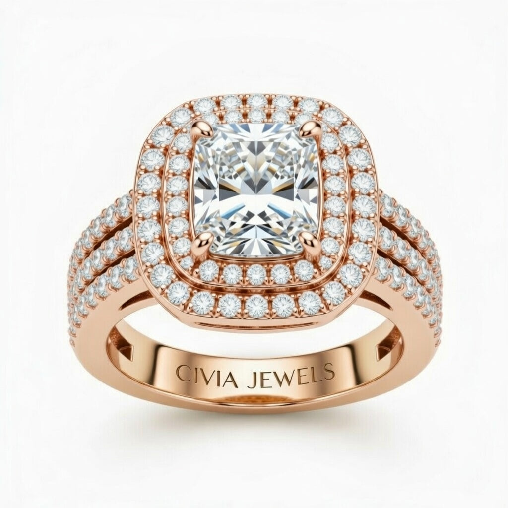 Rose Gold Radiant Cut Double Halo Engagement Ring With Four Prong Setting And Diamond Pavé Split Band