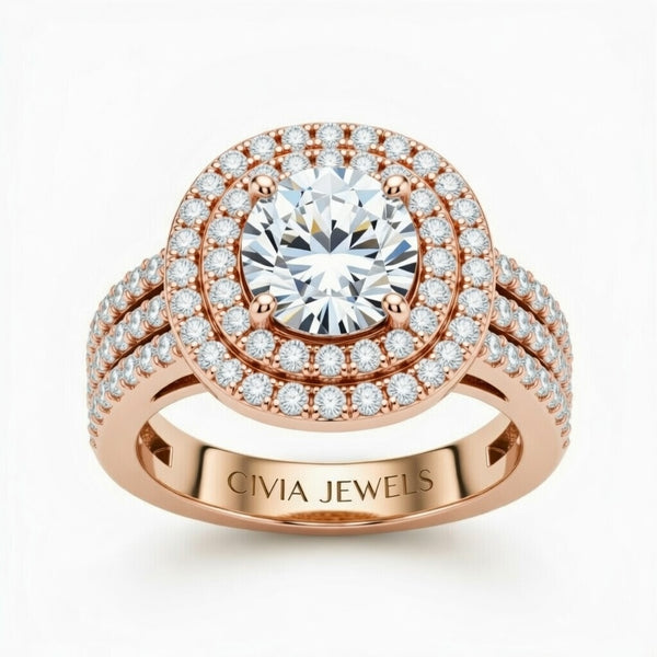 Rose Gold Round Cut Double Halo Engagement Ring With Four Prong Setting And Diamond Pavé Split Band