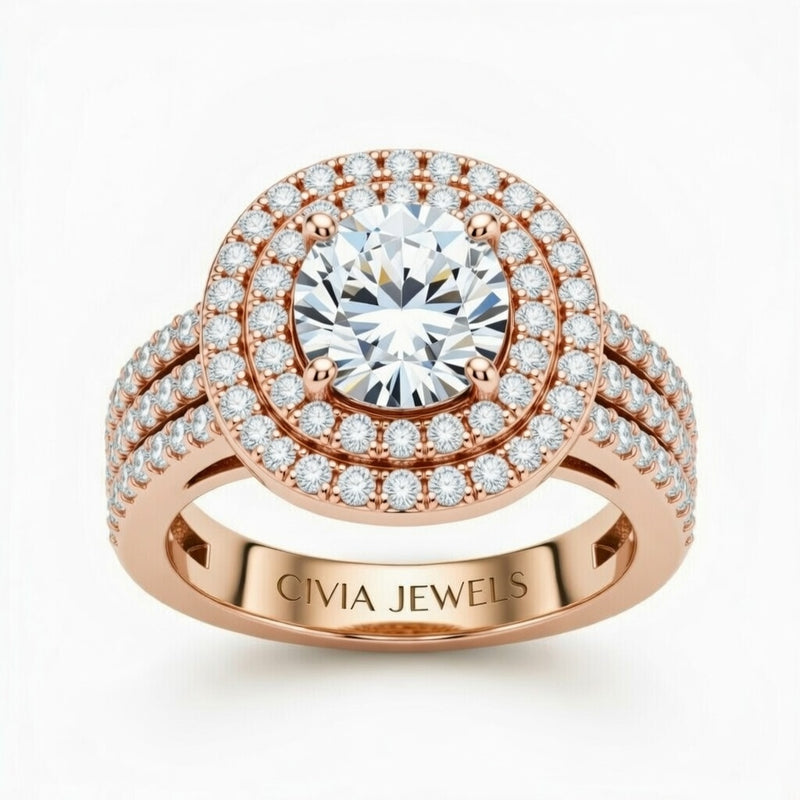 Rose Gold Round Cut Double Halo Engagement Ring With Four Prong Setting And Diamond Pavé Split Band