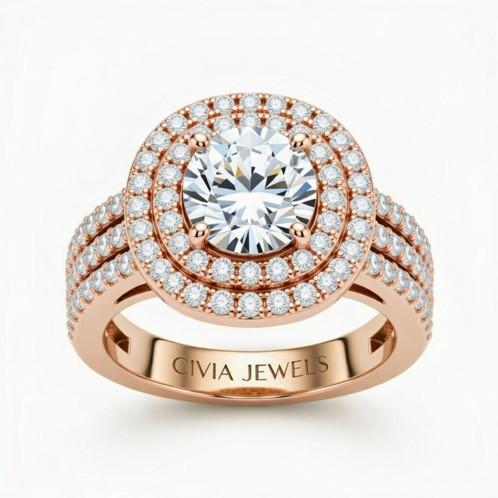 Rose Gold Round Cut Double Halo Engagement Ring With Four Prong Setting And Diamond Pavé Split Band