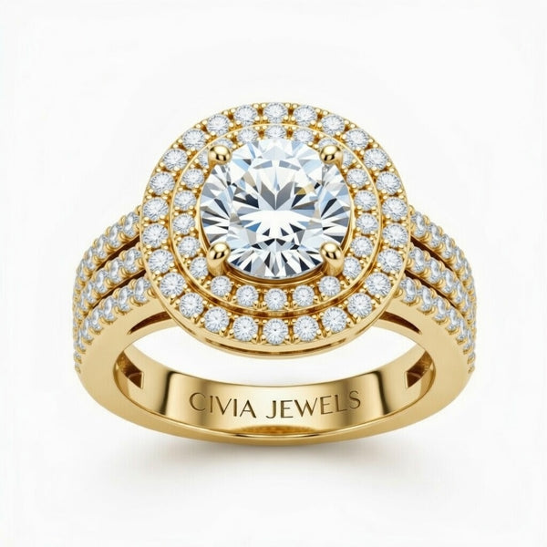 Yellow Gold Round Cut Double Halo Engagement Ring With Four Prong Setting And Diamond Pavé Split Band