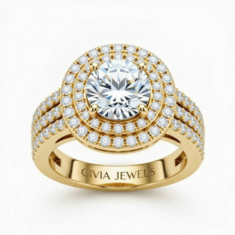 Yellow Gold Round Cut Double Halo Engagement Ring With Four Prong Setting And Diamond Pavé Split Band