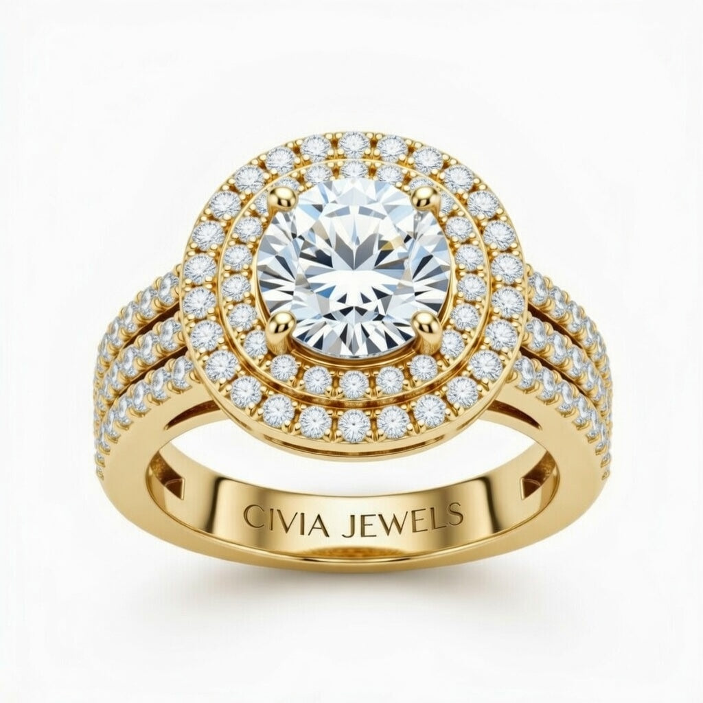 Yellow Gold Round Cut Double Halo Engagement Ring With Four Prong Setting And Diamond Pavé Split Band