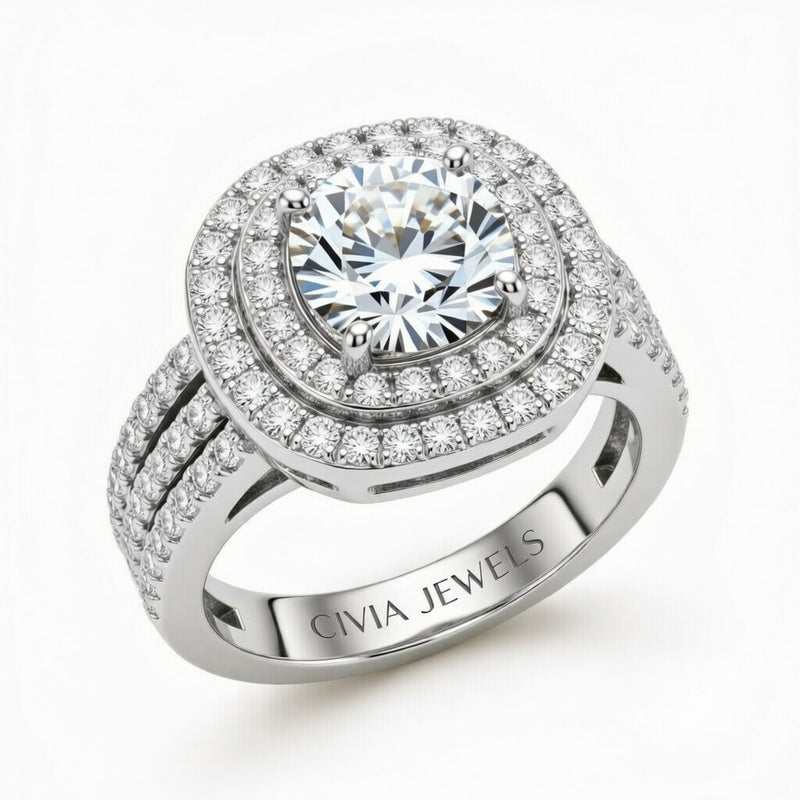 Silver Round Cut Double Halo Engagement Ring With Four Prong Setting And Diamond Pavé Split Band