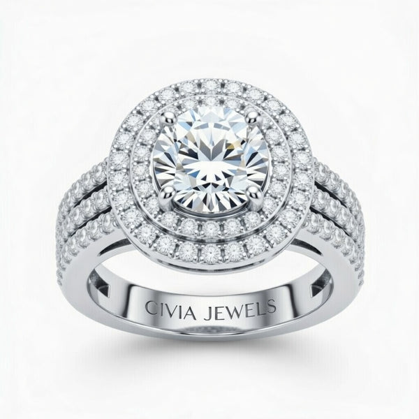 White Gold Round Cut Double Halo Engagement Ring With Four Prong Setting And Diamond Pavé Split Band