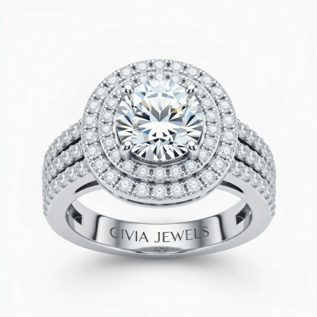 White Gold Round Cut Double Halo Engagement Ring With Four Prong Setting And Diamond Pavé Split Band
