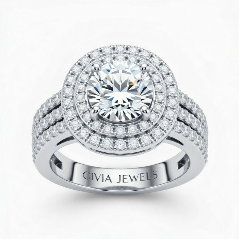 Silver Round Cut Double Halo Engagement Ring With Four Prong Setting And Diamond Pavé Split Band