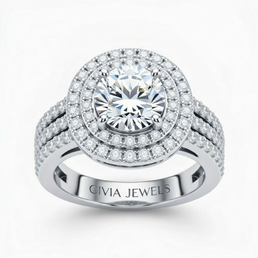 Silver Round Cut Double Halo Engagement Ring With Four Prong Setting And Diamond Pavé Split Band