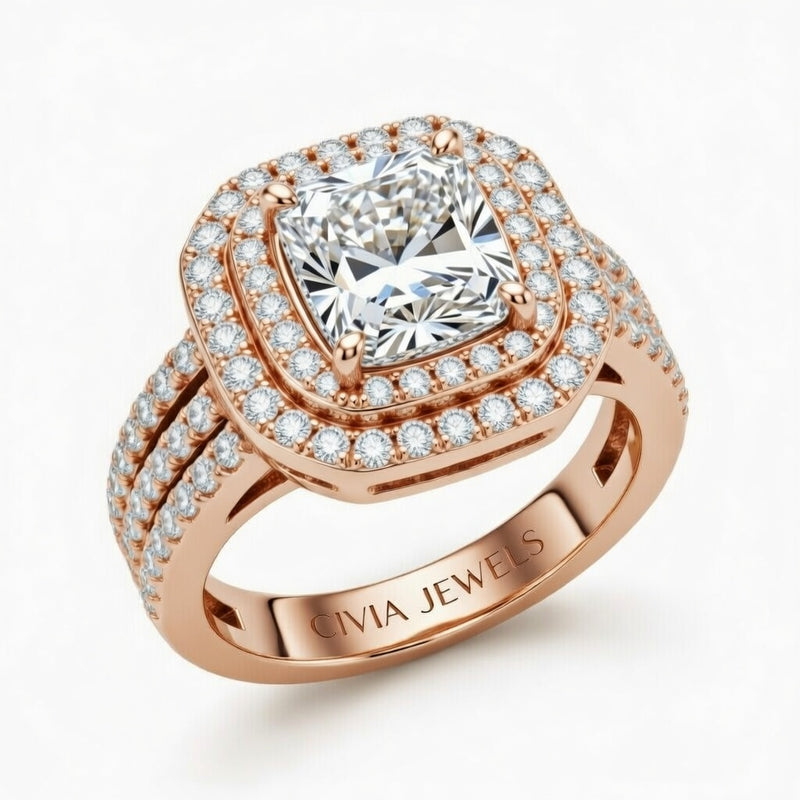 Rose Gold Radiant Cut Double Halo Engagement Ring With Four Prong Setting And Diamond Pavé Split Band