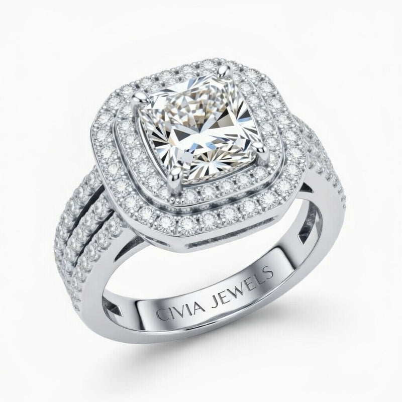 Silver Radiant Cut Double Halo Engagement Ring With Four Prong Setting And Diamond Pavé Split Band