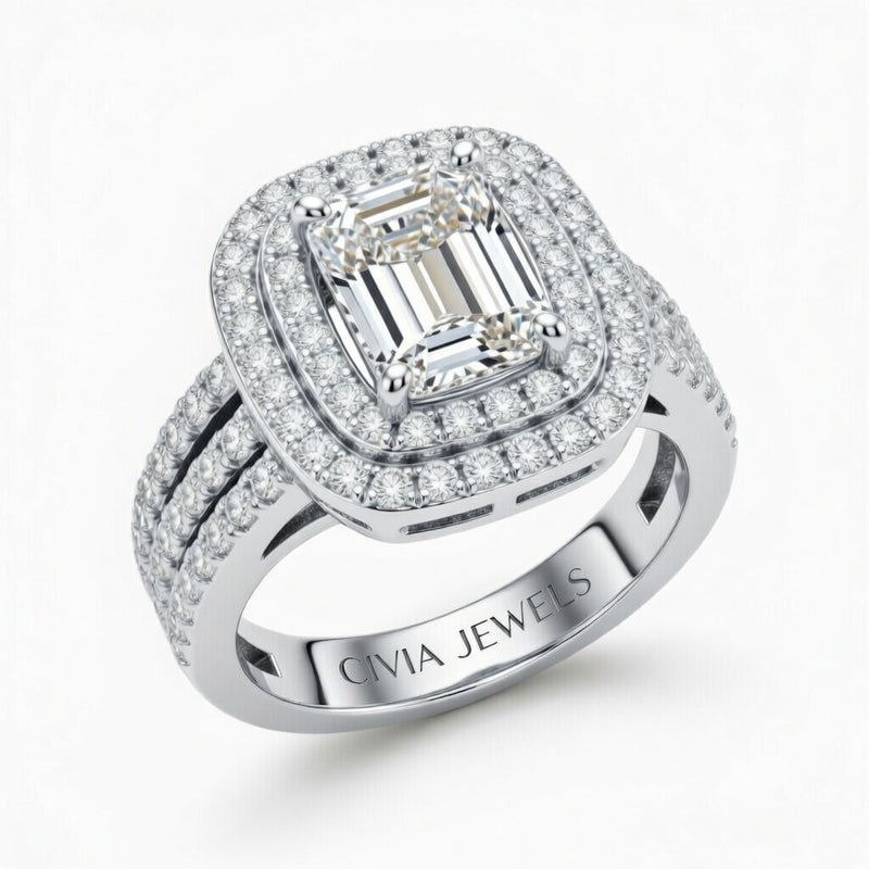 Silver Emerald Cut Double Halo Engagement Ring With Four Prong Setting And Diamond Pavé Split Band