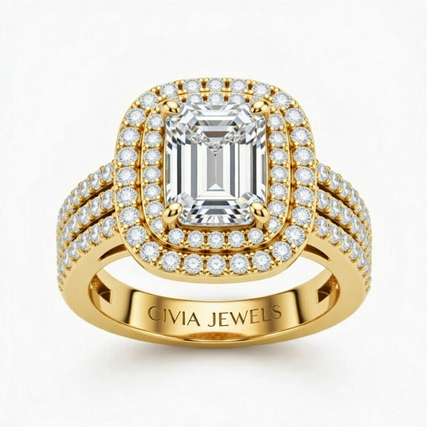 Yellow Gold Emerald Cut Double Halo Engagement Ring With Four Prong Setting And Diamond Pavé Split Band