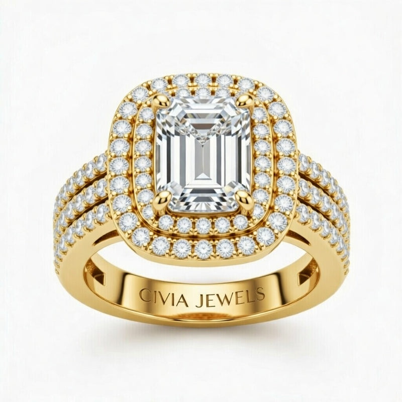 Yellow Gold Emerald Cut Double Halo Engagement Ring With Four Prong Setting And Diamond Pavé Split Band