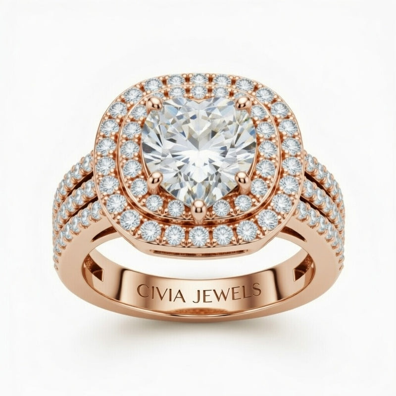 Rose Gold Heart Cut Double Halo Engagement Ring With Four Prong Setting And Diamond Pavé Split Band