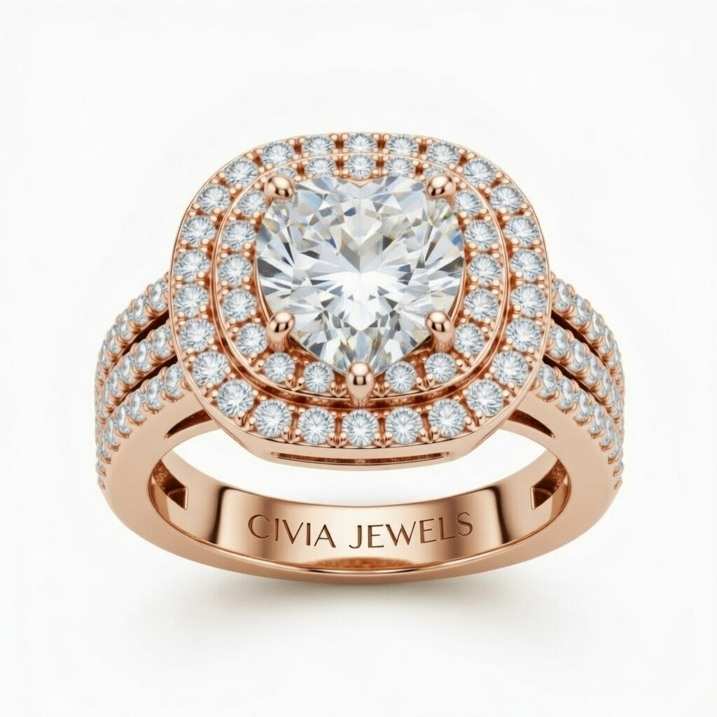 Rose Gold Heart Cut Double Halo Engagement Ring With Four Prong Setting And Diamond Pavé Split Band
