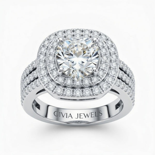 Silver Heart Cut Double Halo Engagement Ring With Four Prong Setting And Diamond Pavé Split Band