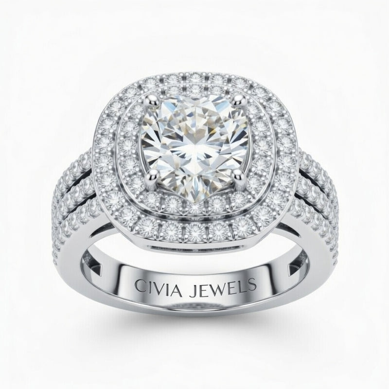 Silver Heart Cut Double Halo Engagement Ring With Four Prong Setting And Diamond Pavé Split Band