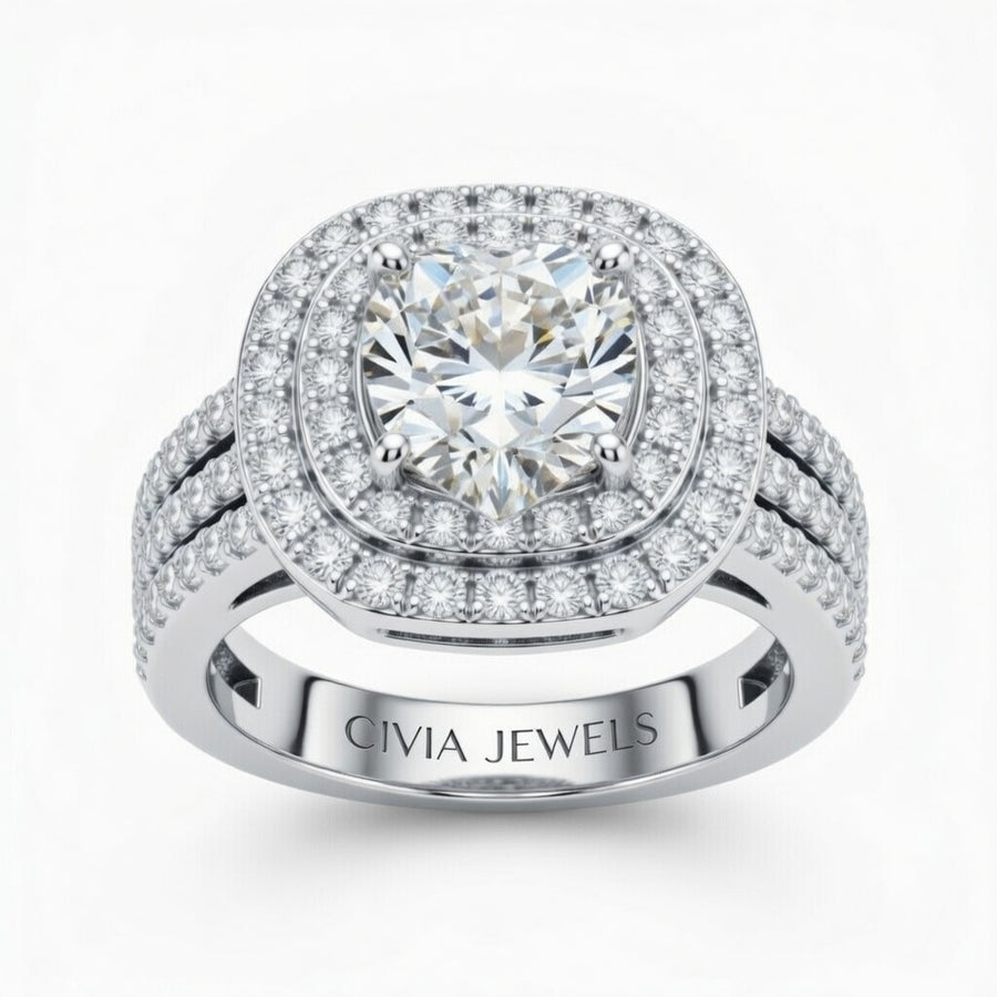 Silver Heart Cut Double Halo Engagement Ring With Four Prong Setting And Diamond Pavé Split Band