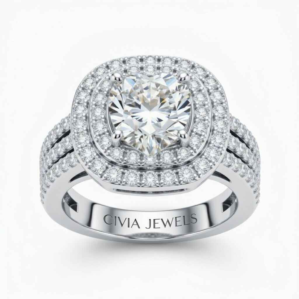 Silver Heart Cut Double Halo Engagement Ring With Four Prong Setting And Diamond Pavé Split Band