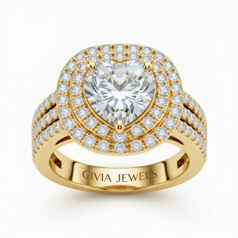 Yellow Gold Heart Cut Double Halo Engagement Ring With Four Prong Setting And Diamond Pavé Split Band