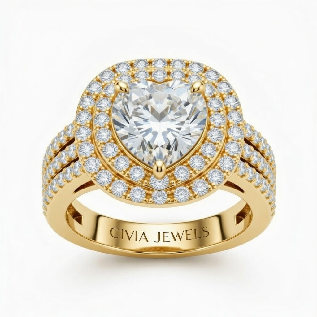 Yellow Gold Heart Cut Double Halo Engagement Ring With Four Prong Setting And Diamond Pavé Split Band