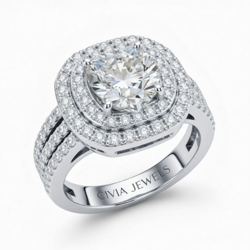 Silver Heart Cut Double Halo Engagement Ring With Four Prong Setting And Diamond Pavé Split Band