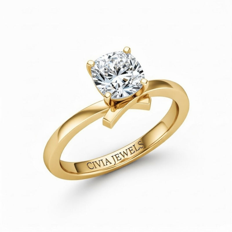 Yellow Gold Cushion Diamond Solitaire Engagement Ring With Modern Twist Shank