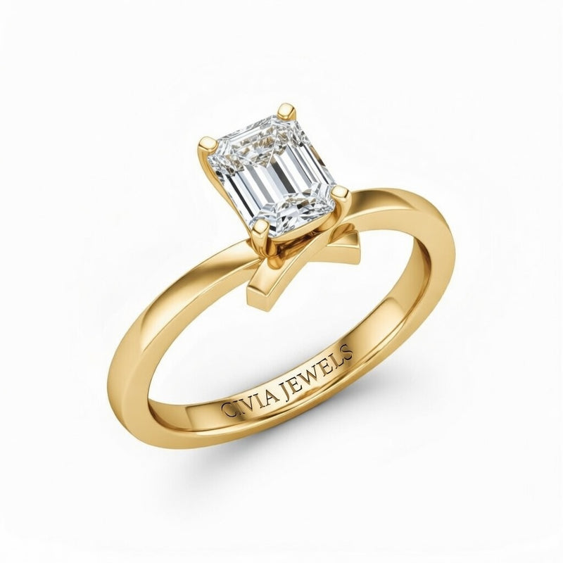 Yellow Gold Emerald Diamond Solitaire Engagement Ring With Modern Twist Shank