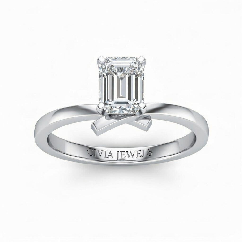 Silver Emerald Diamond Solitaire Engagement Ring With Modern Twist Shank