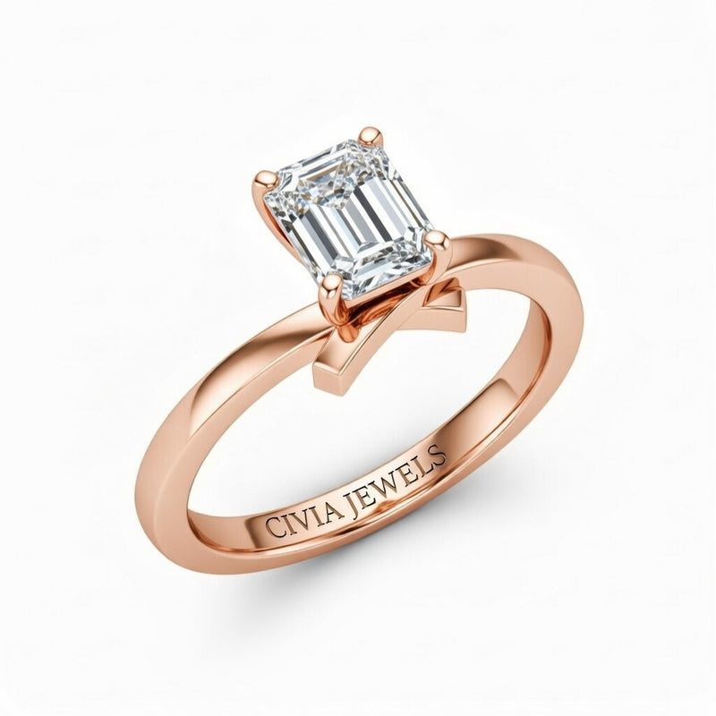 Rose Gold Emerald Diamond Solitaire Engagement Ring With Modern Twist Shank