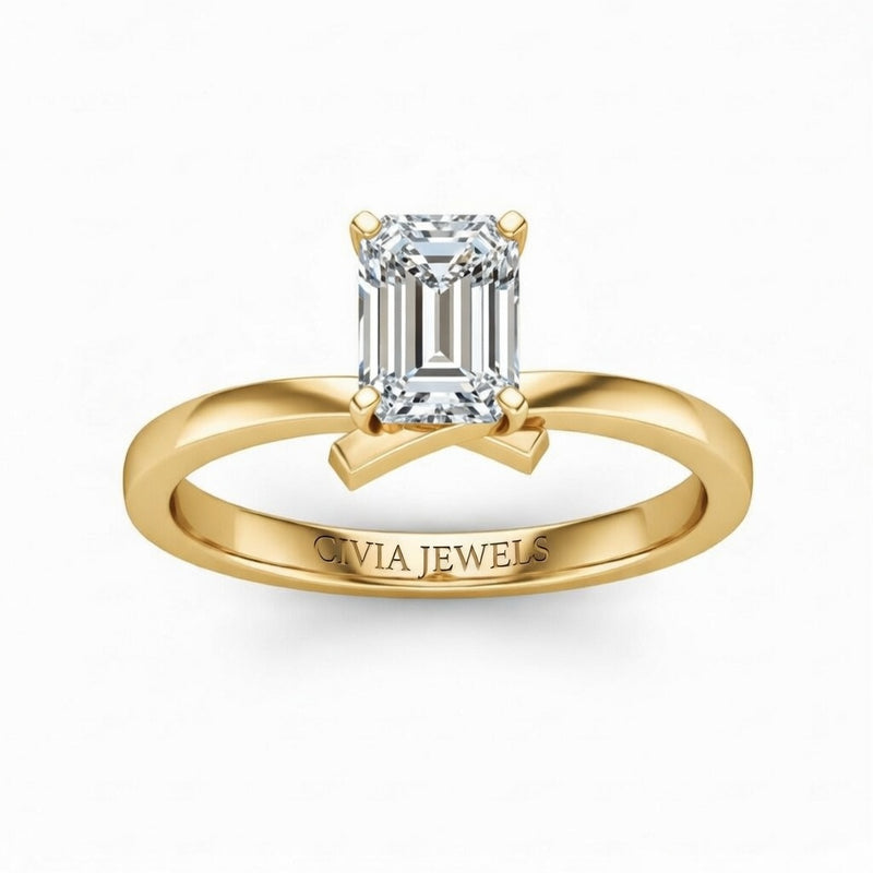 Yellow Gold Emerald Diamond Solitaire Engagement Ring With Modern Twist Shank
