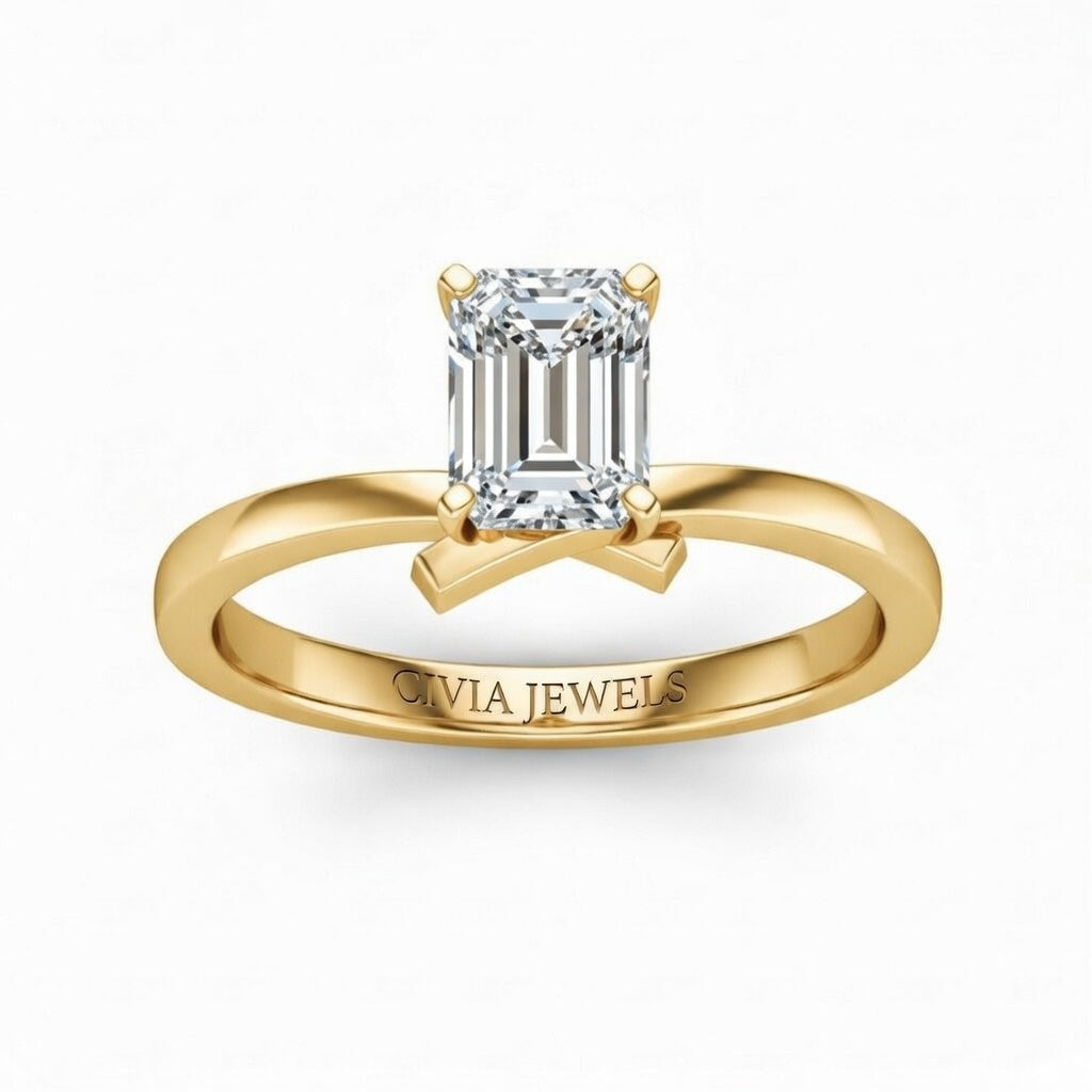Yellow Gold Emerald Diamond Solitaire Engagement Ring With Modern Twist Shank