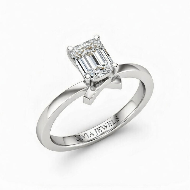 Silver Emerald Diamond Solitaire Engagement Ring With Modern Twist Shank