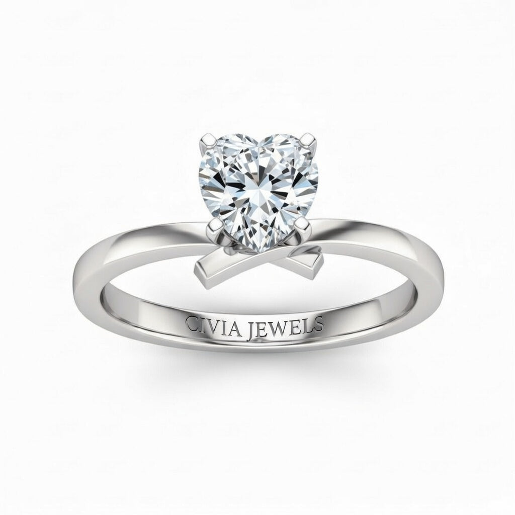 White Gold Heart Diamond Solitaire Engagement Ring With Modern Twist Shank