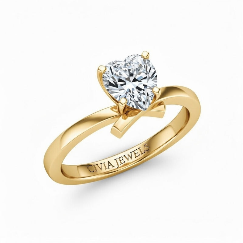 Yellow Gold Heart Diamond Solitaire Engagement Ring With Modern Twist Shank