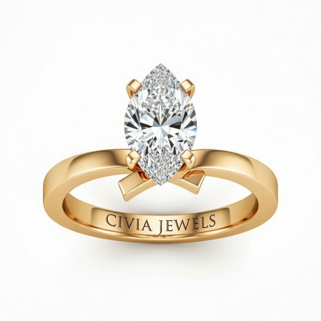 Yellow Gold Marquise Diamond Solitaire Engagement Ring With Modern Twist Shank