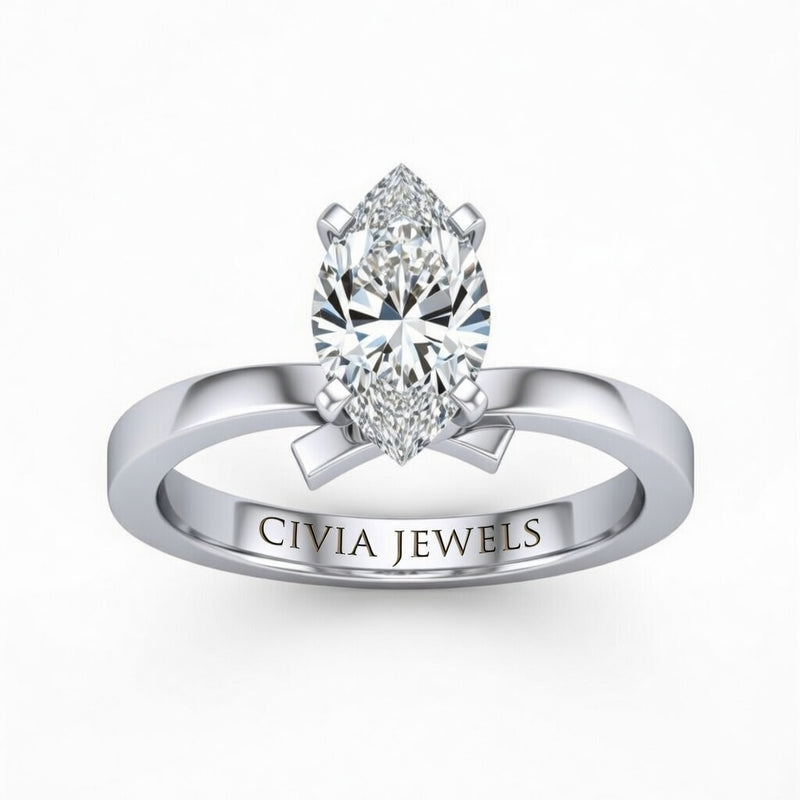 Silver Marquise Diamond Solitaire Engagement Ring With Modern Twist Shank
