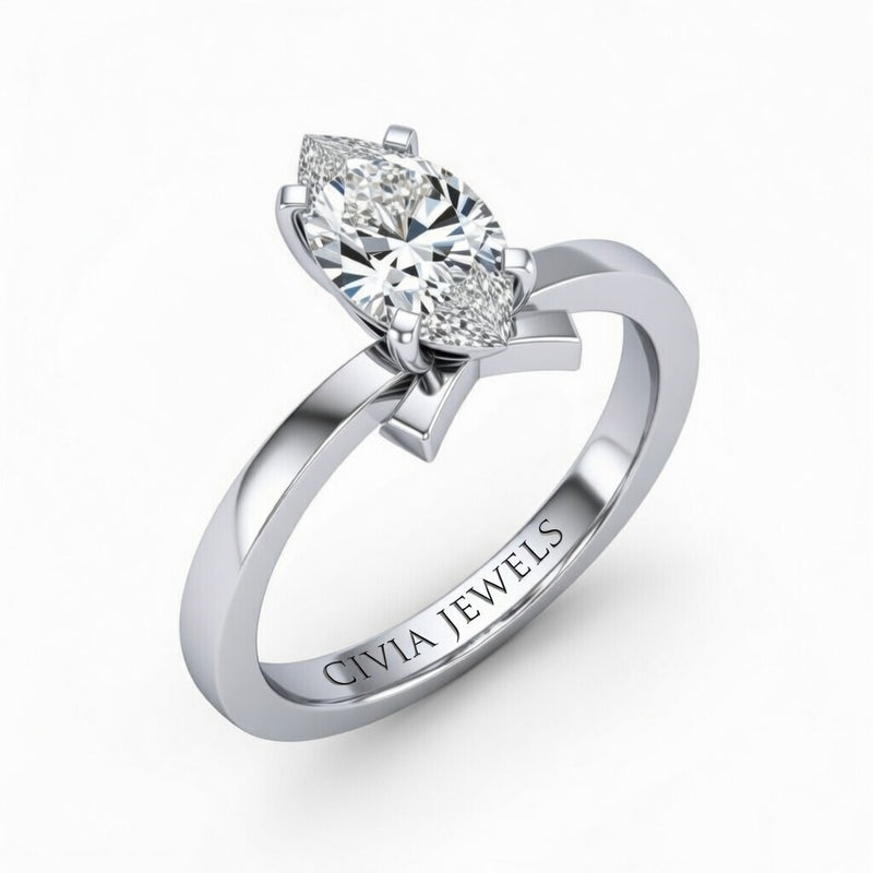 Silver Marquise Diamond Solitaire Engagement Ring With Modern Twist Shank