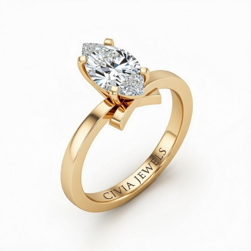 Yellow Gold Marquise Diamond Solitaire Engagement Ring With Modern Twist Shank