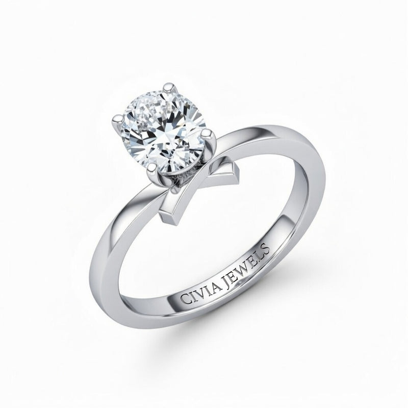 Silver Oval Diamond Solitaire Engagement Ring With Modern Twist Shank