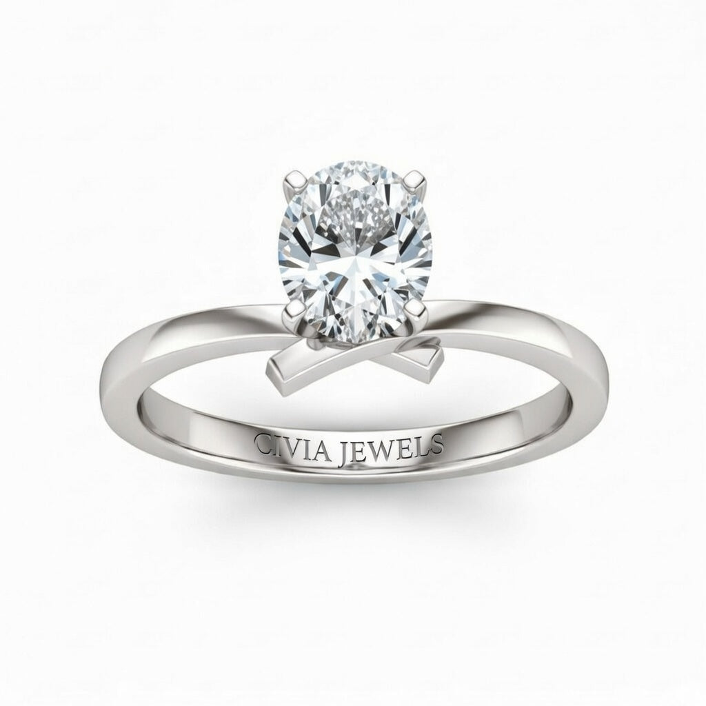Silver Oval Diamond Solitaire Engagement Ring With Modern Twist Shank
