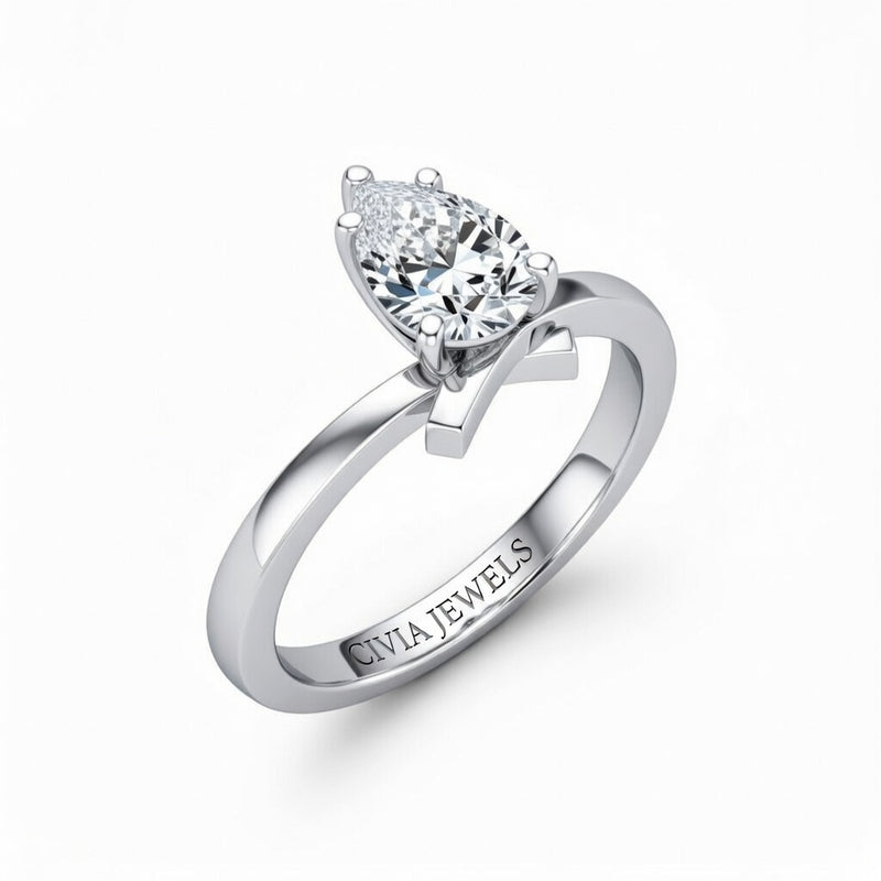 Silver Pear Diamond Solitaire Engagement Ring With Modern Twist Shank