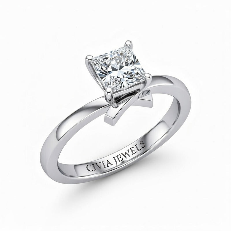 White Gold Princess Diamond Solitaire Engagement Ring With Modern Twist Shank