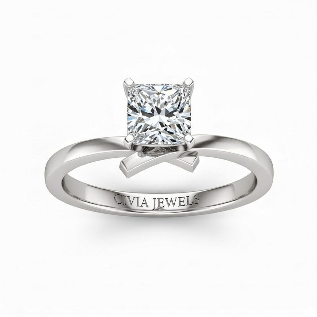White Gold Princess Diamond Solitaire Engagement Ring With Modern Twist Shank